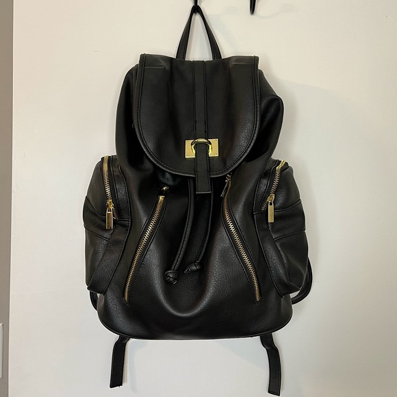 Handbags - Used Once! Black Leather Backpack with Gold Metal Details & Tons of Pockets